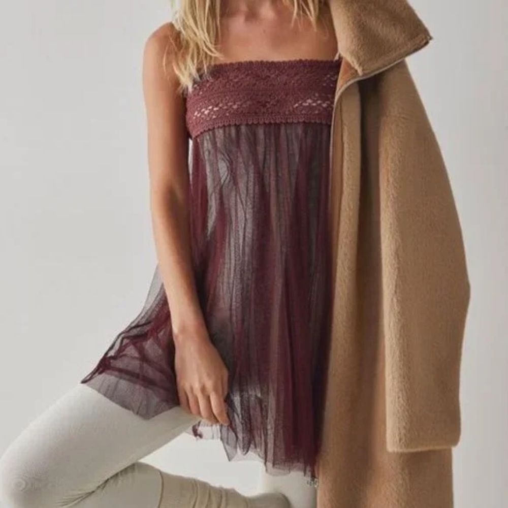 Free People Burgundy Sheer Lace Slip Dress Size S